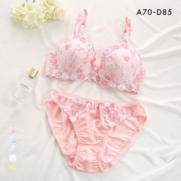 サンエイ ギュピールレース 小花刺繍 ブラジャー ショーツ セット ABCD 盛り胸 谷間 プチプラ 美胸 モールドカップ 丸胸 SANEI