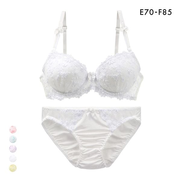 サンエイ SANEI ギュピールレース 小花刺繍 ブラジャー ショーツ セット EF 大きいサイズ グラマー 盛り胸 谷間 プチプラ 美胸 丸胸
