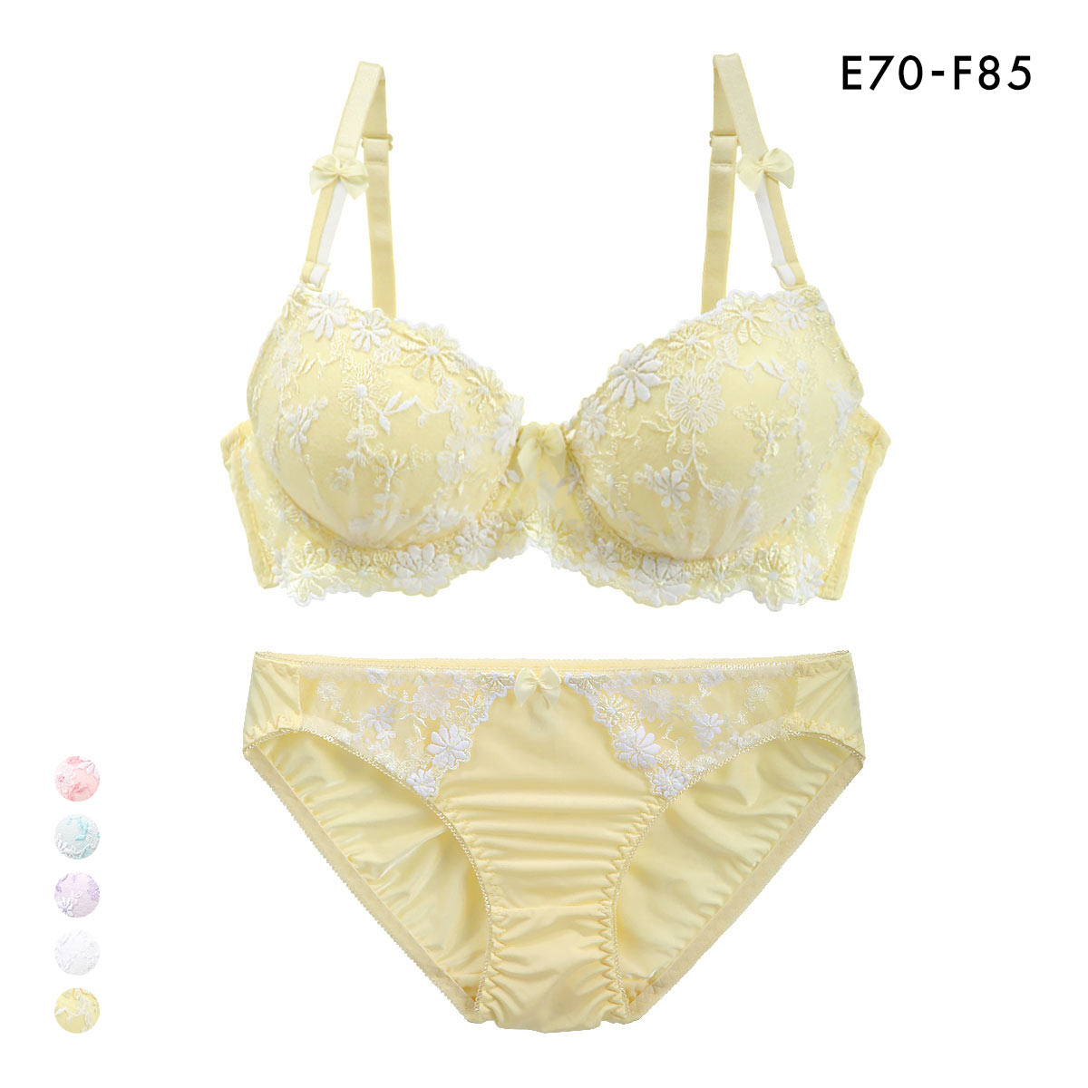 サンエイ SANEI ギュピールレース 小花刺繍 ブラジャー ショーツ セット EF 大きいサイズ グラマー 盛り胸 谷間 プチプラ 美胸 丸胸(CR-クリーム-E70-M)