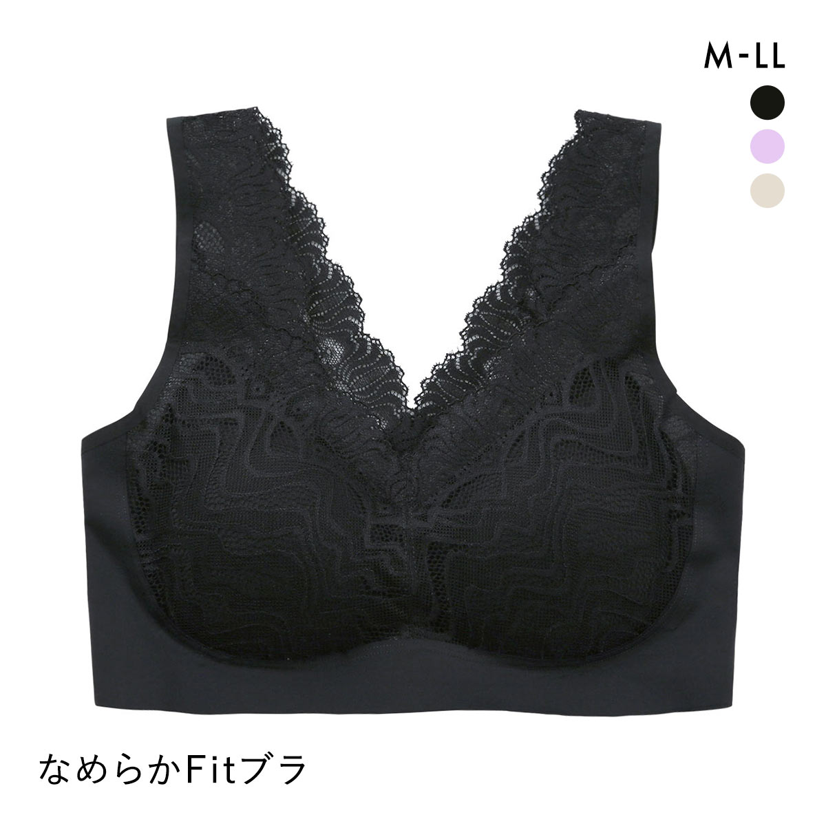 サンエイ SANEI レースたっぷり ハーフトップ ブラジャー ノンワイヤー M L LL なめらかFit 単品(BK-ブラック-M)