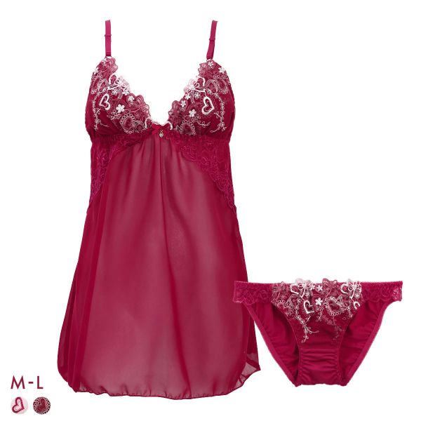 サンエイ ハートライン刺繍 カップ付き スリップ＆ショーツ ランジェリー ベビードール キャミ 上下セット SANEI