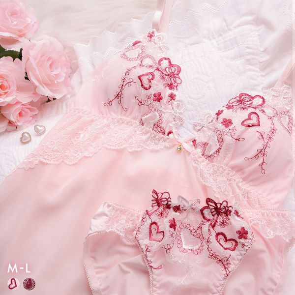 サンエイ ハートライン刺繍 カップ付き スリップ＆ショーツ ランジェリー ベビードール キャミ 上下セット SANEI