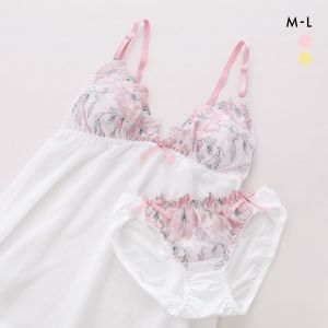 サンエイ スウィートブルーム刺繍 カップ付き スリップ＆ショーツ ランジェリー ベビードール キャミ 上下セット SANEI