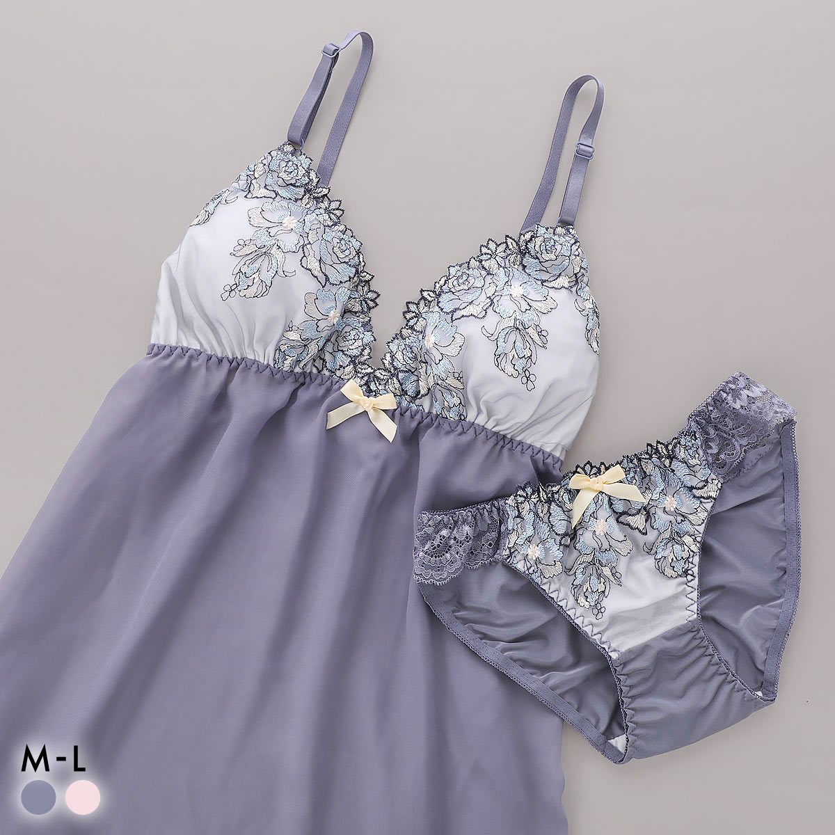 サンエイ シャイニーローズ カップ付き スリップ＆ショーツ ランジェリー ベビードール キャミ 上下セット SANEI(BGY-ブルーグレー-M／M)