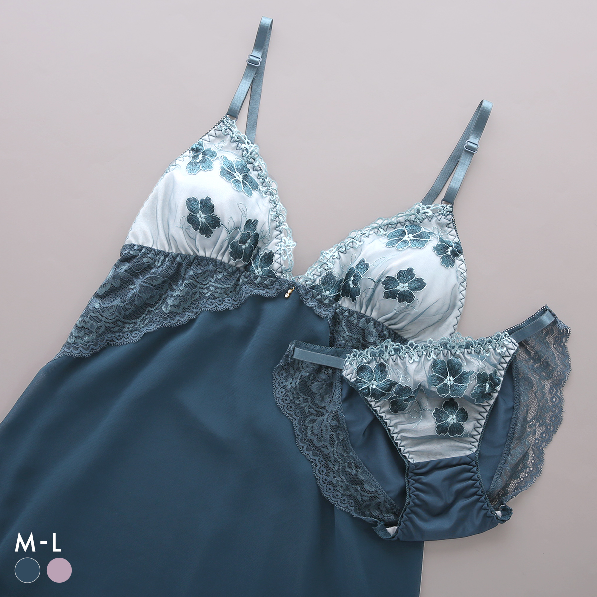 サンエイ ミスティックフラワー カップ付き スリップ＆ショーツ ランジェリー ベビードール キャミ 上下セット SANEI(GR-グリーン-M／M)