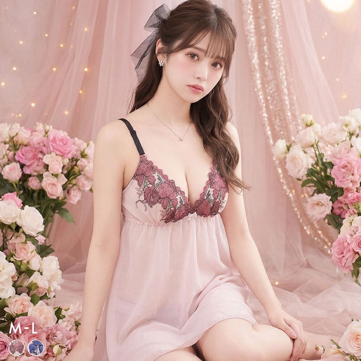 サンエイ ホットブロッサム カップ付き スリップ＆ショーツ ランジェリー ベビードール キャミ 上下セット SANEI(PI-ピンク-M／M)