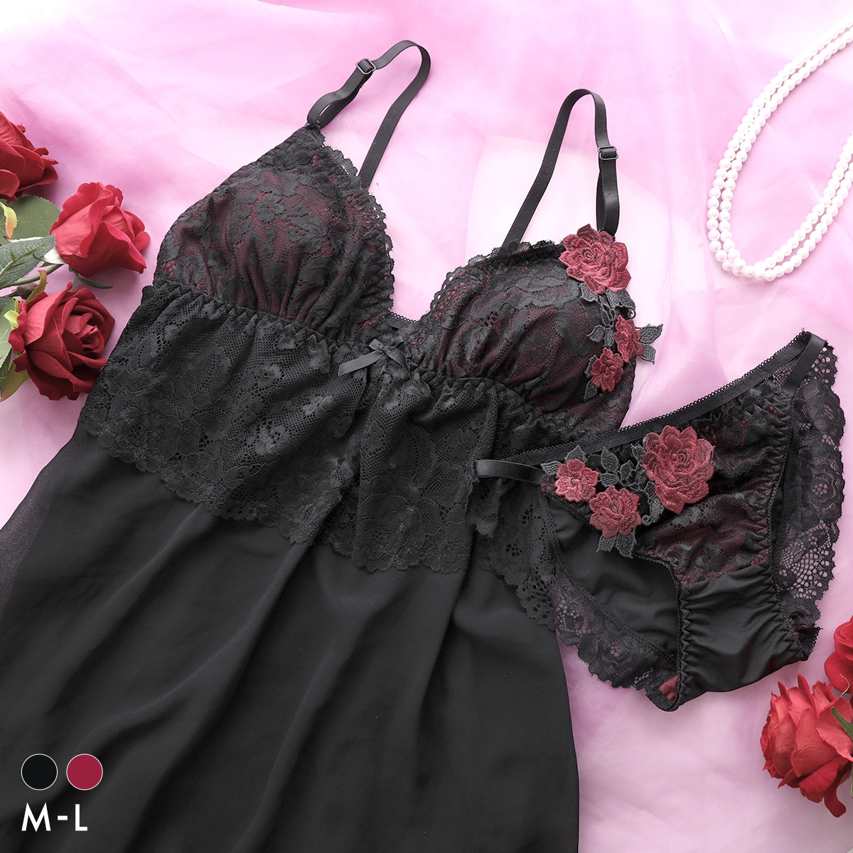 サンエイ ダークフローラ カップ付き スリップ＆ショーツ ランジェリー ベビードール キャミ 上下セット SANEI