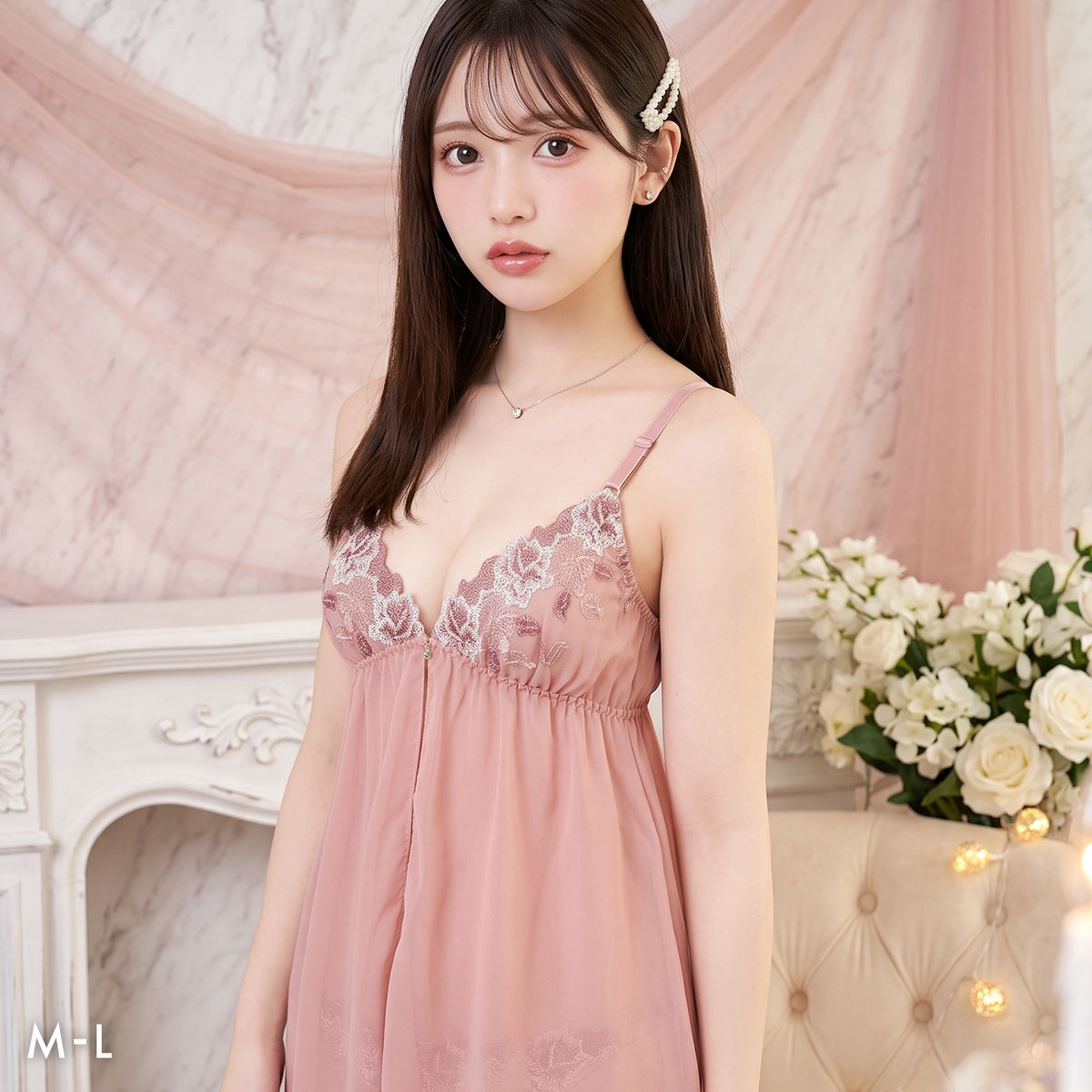 サンエイ ドレッシーフルール カップ付き スリップ＆ショーツ ランジェリー ベビードール キャミ 上下セット SANEI(PI-ピンク-M／M)