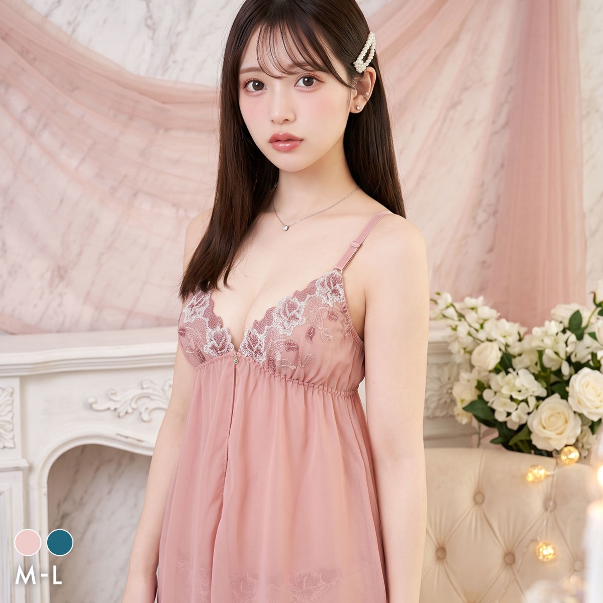 サンエイ ドレッシーフルール カップ付き スリップ＆ショーツ ランジェリー ベビードール キャミ 上下セット SANEI