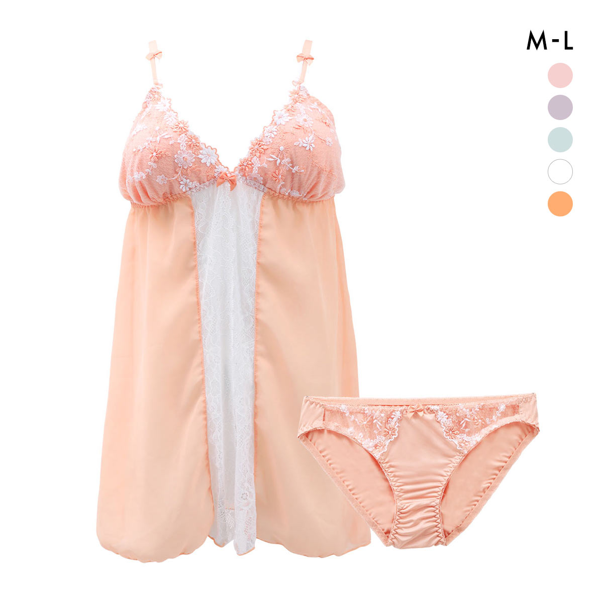 サンエイ SANEI ギュピールレース 小花刺繍 スリップ カップ付き ショーツ 上下セット ランジェリー(OR-オレンジ-M)