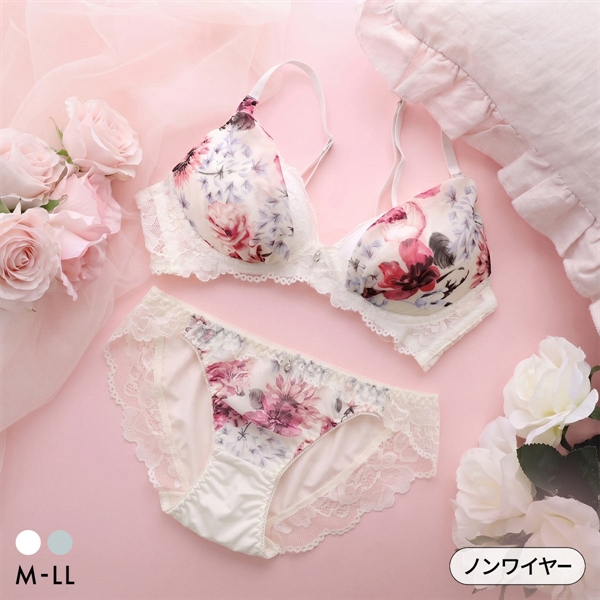 サンエイ 脇高 シフォンサイドアップ ノンワイヤー ブラセット M L LL ブラジャー ショーツ セット SANEI