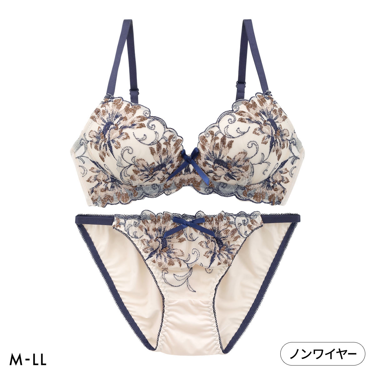 サンエイ サンエイ ビビットフラワー刺繍 ノンワイヤー ブラセット M L LL ブラジャー ショーツ セット 大きいサイズ SANEI(CR-クリーム-M／M)