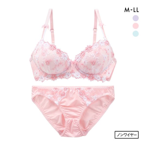 サンエイ SANEI ギュピールレース 小花刺繍 ノンワイヤー ブラジャー ショーツ セット ブラセット ワイヤレス らくちん