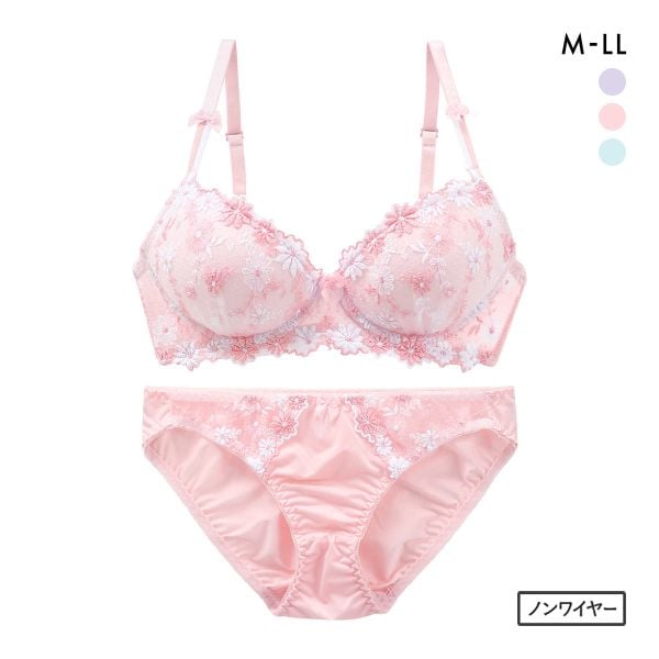 サンエイ SANEI ギュピールレース 小花刺繍 ノンワイヤー ブラジャー ショーツ セット ブラセット ワイヤレス らくちん