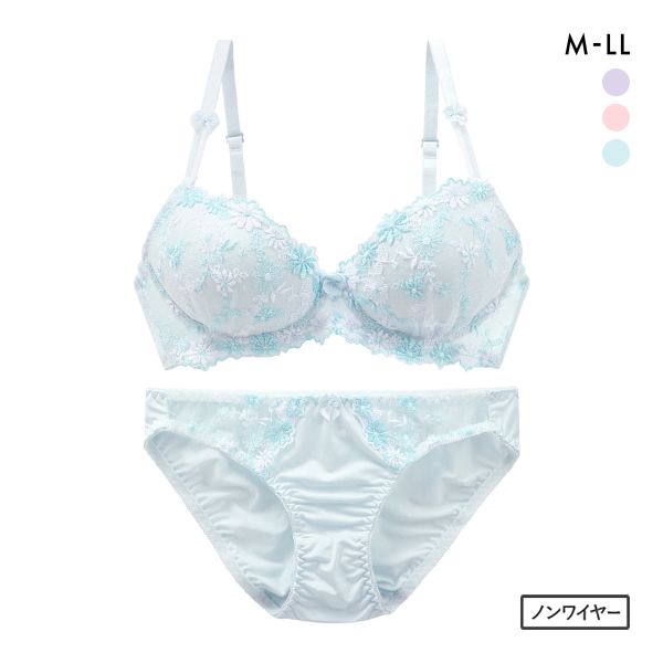 サンエイ SANEI ギュピールレース 小花刺繍 ノンワイヤー ブラジャー ショーツ セット ブラセット ワイヤレス らくちん