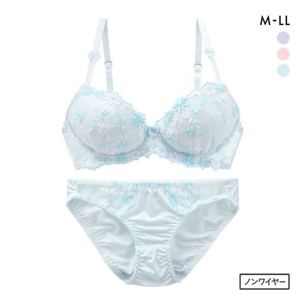 サンエイ SANEI ギュピールレース 小花刺繍 ノンワイヤー ブラジャー ショーツ セット ブラセット ワイヤレス らくちん