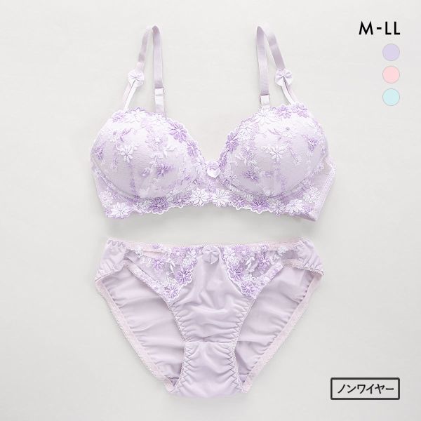 サンエイ SANEI ギュピールレース 小花刺繍 ノンワイヤー ブラジャー ショーツ セット ブラセット ワイヤレス らくちん