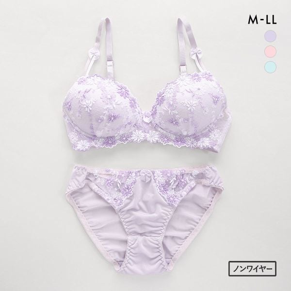 サンエイ SANEI ギュピールレース 小花刺繍 ノンワイヤー ブラジャー ショーツ セット ブラセット ワイヤレス らくちん
