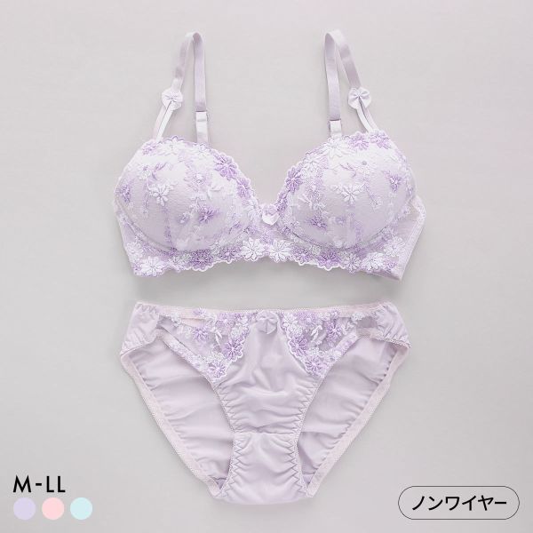 サンエイ SANEI ギュピールレース 小花刺繍 ノンワイヤー ブラジャー ショーツ セット ブラセット ワイヤレス らくちん