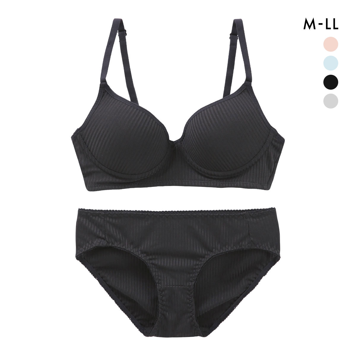 サンエイ SANEI リラックス＆ナチュラル リブ ノンワイヤーブラジャー ショーツ セット ブラセット M L LL(BK-ブラック-M／M)