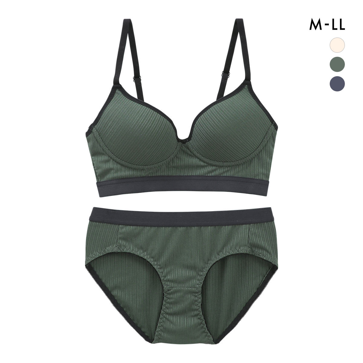 サンエイ リラックス＆ナチュラル スポーティリブ ノンワイヤー ブラセット M L LL ブラレット ブラジャー ショーツ セット 楽ちん SANEI(GR-グリーン-M／M)