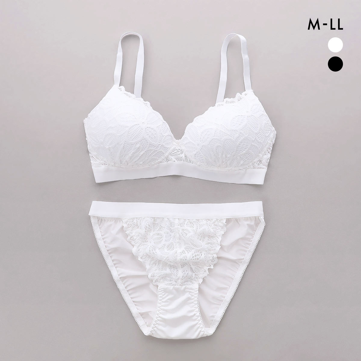 サンエイ SANEI リラックス＆ナチュラル 総レース ノンワイヤーブラジャー ショーツ セット ブラセット M L LL ブラレット 楽ちん ノンストレス(WH-ホワイト-M／M)