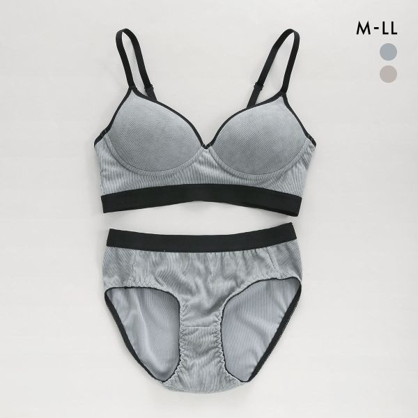 サンエイ リラックス＆ナチュラル デニム風リブ ノンワイヤー ブラセット M L LL ブラレット ブラジャー ショーツ セット 楽ちん SANEI
