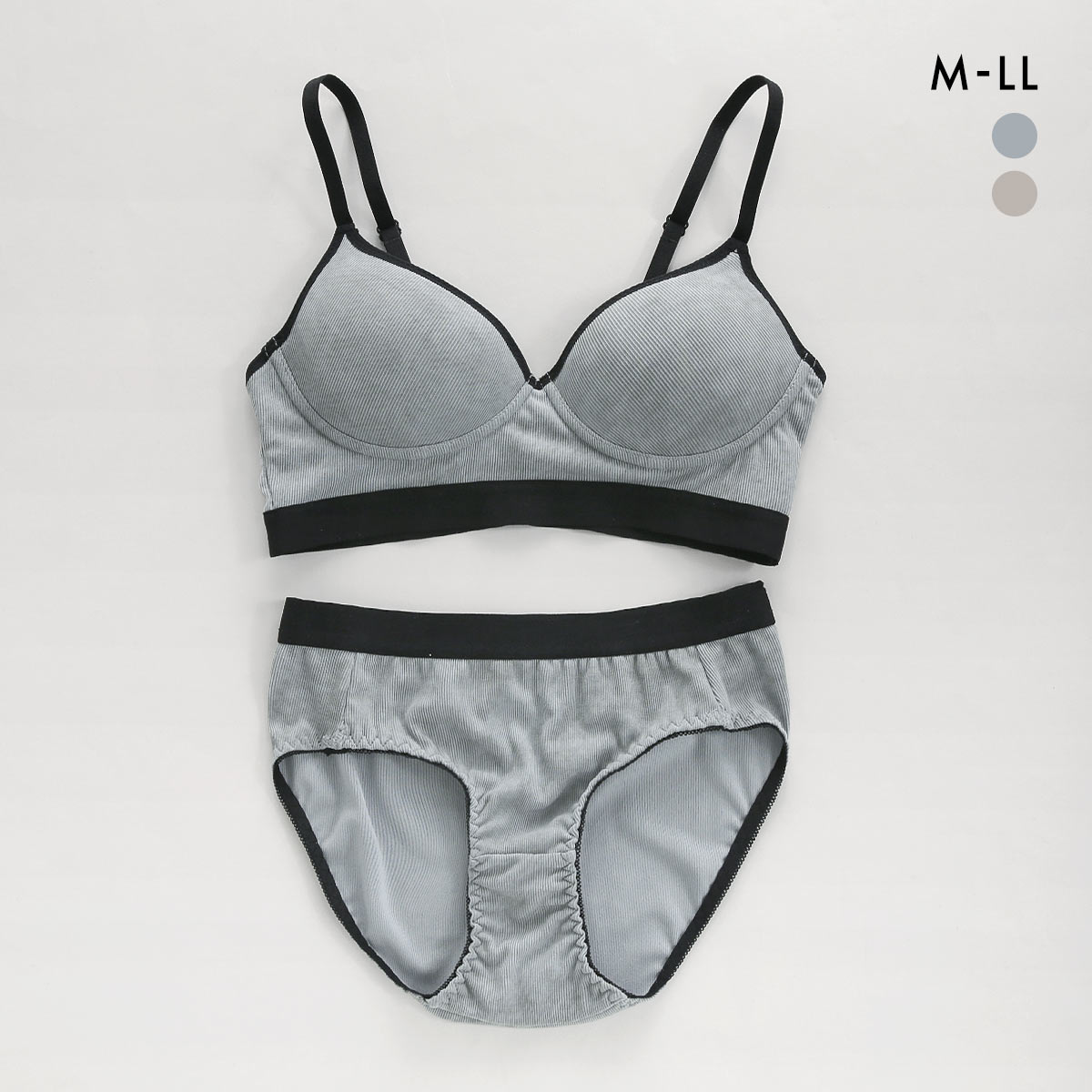 サンエイ リラックス＆ナチュラル デニム風リブ ノンワイヤー ブラセット M L LL ブラレット ブラジャー ショーツ セット 楽ちん SANEI