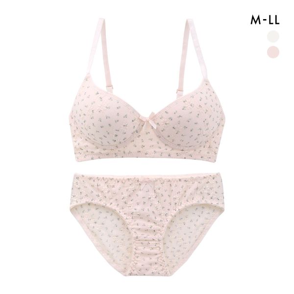 サンエイ リラックス＆ナチュラル ぽこぽこリブ小花 ノンワイヤーブラセット M L LL ブラレット ブラジャー ショーツ セット SANEI