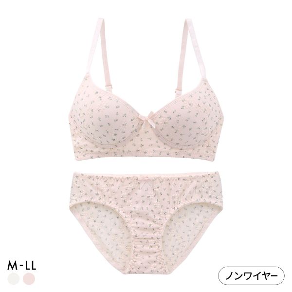 サンエイ リラックス＆ナチュラル ぽこぽこリブ小花 ノンワイヤーブラセット M L LL ブラレット ブラジャー ショーツ セット SANEI