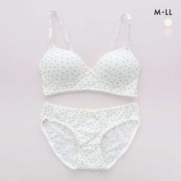 サンエイ リラックス＆ナチュラル ぽこぽこリブ小花 ノンワイヤーブラセット M L LL ブラレット ブラジャー ショーツ セット SANEI