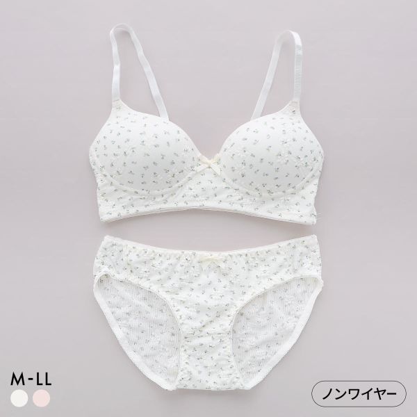 サンエイ リラックス＆ナチュラル ぽこぽこリブ小花 ノンワイヤーブラセット M L LL ブラレット ブラジャー ショーツ セット SANEI