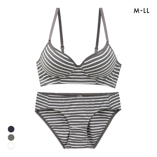 サンエイ リラックス＆ナチュラル ボーダーリブ ノンワイヤー ブラセット M L LL ブラレット ワイヤレス ナイトブラ SANEI