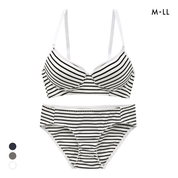 サンエイ リラックス＆ナチュラル ボーダーリブ ノンワイヤー ブラセット M L LL ブラレット ワイヤレス ナイトブラ SANEI