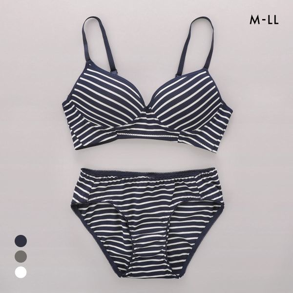 サンエイ リラックス＆ナチュラル ボーダーリブ ノンワイヤー ブラセット M L LL ブラレット ワイヤレス ナイトブラ SANEI