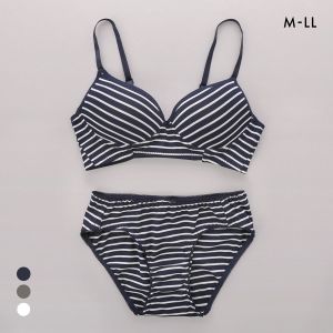 サンエイ リラックス＆ナチュラル ボーダーリブ ノンワイヤー ブラセット M L LL ブラレット ワイヤレス ナイトブラ SANEI