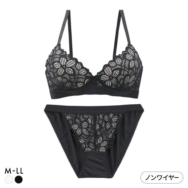 サンエイ リラックス＆ナチュラル 総レース ノンワイヤー ブラセット M L LL ブラジャー ショーツ セット ノンストレス SANEI