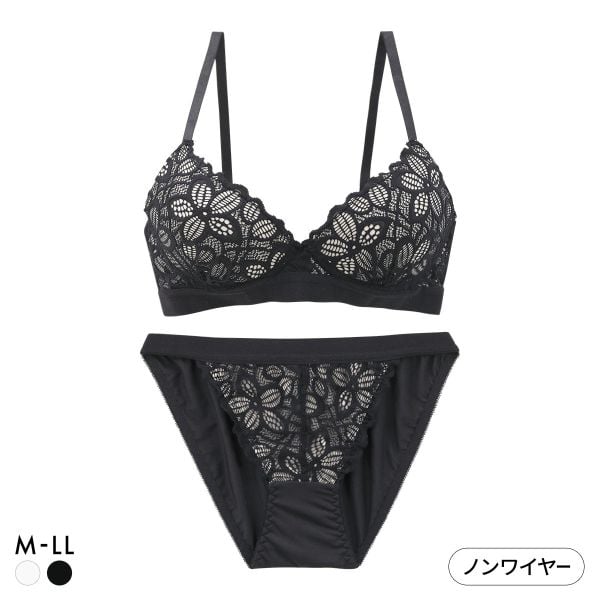 サンエイ リラックス＆ナチュラル 総レース ノンワイヤー ブラセット M L LL ブラジャー ショーツ セット ノンストレス SANEI