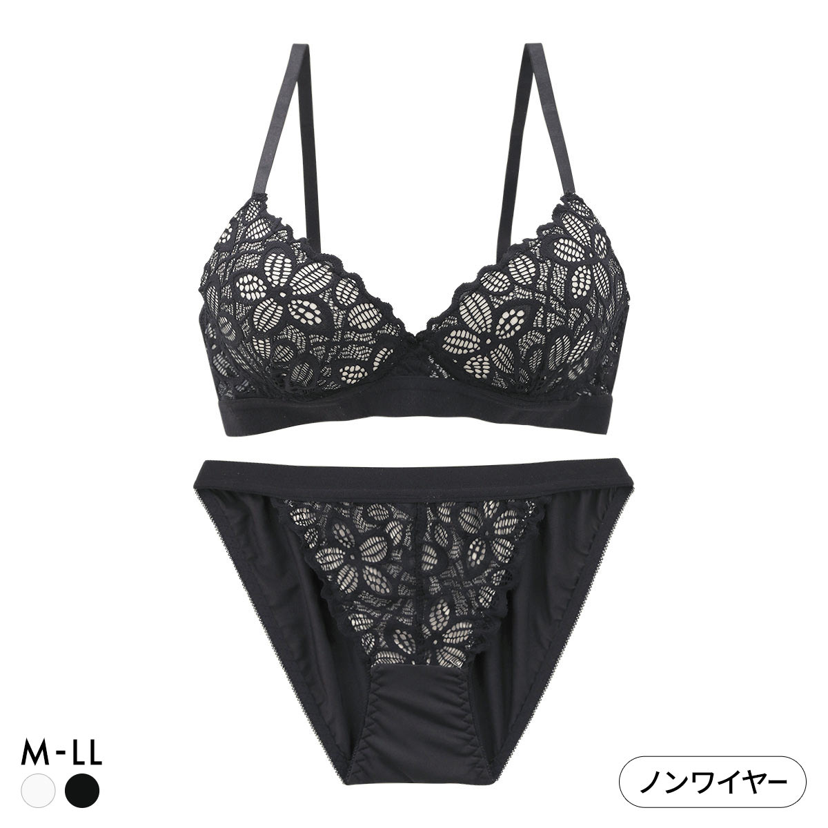 サンエイ リラックス＆ナチュラル 総レース ノンワイヤー ブラセット M L LL ブラジャー ショーツ セット ノンストレス SANEI(BK-ブラック-M／M)