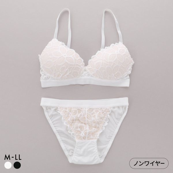サンエイ リラックス＆ナチュラル 総レース ノンワイヤー ブラセット M L LL ブラジャー ショーツ セット ノンストレス SANEI