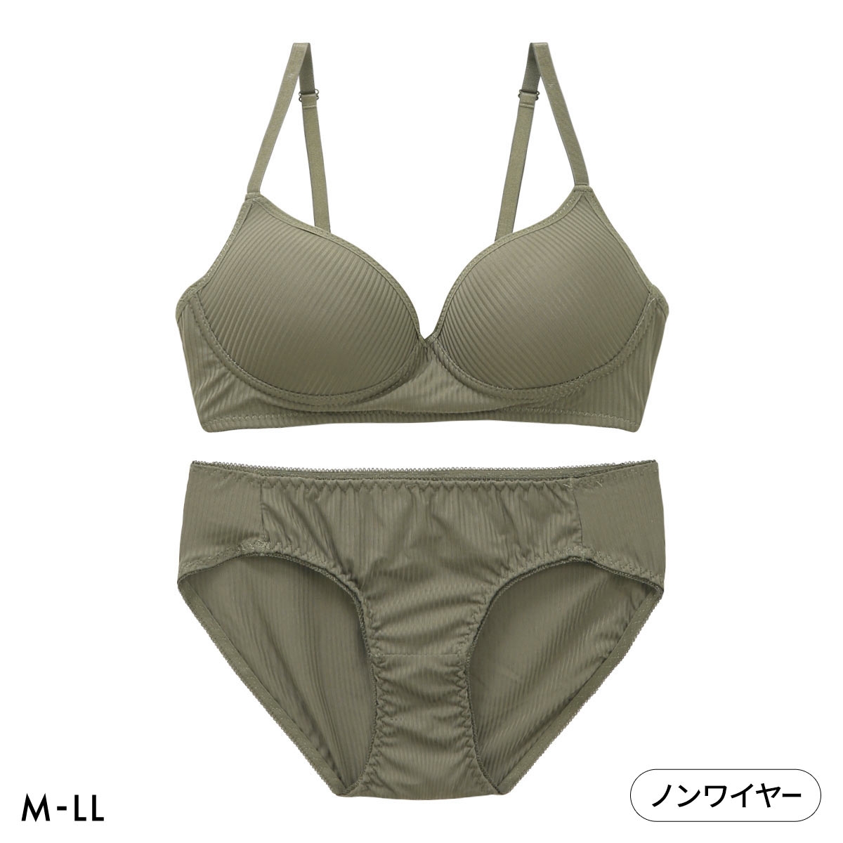 サンエイ リラックス シンプルリブ ノンワイヤー ブラセット M L ワイヤレス ルームインナー おうち時間 下着 SANEI(KH-カーキ-M／M)