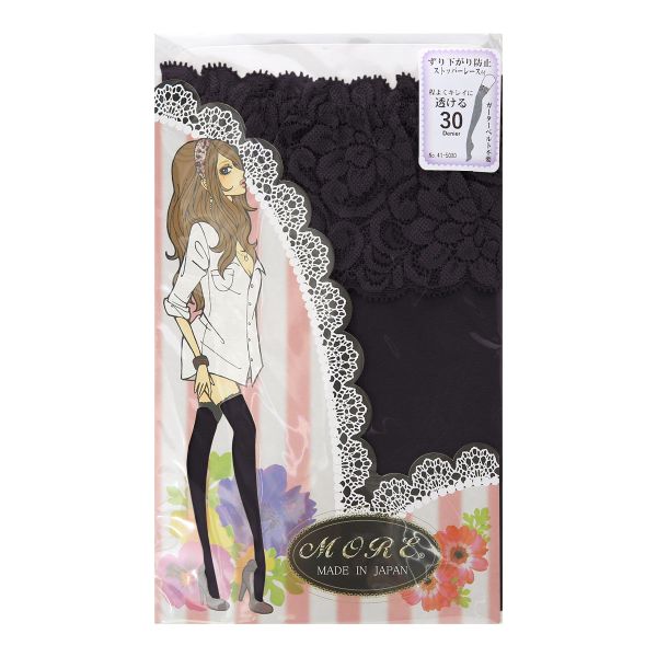 モア MORE レース付き 30デニール ガーターストッキング ニーソックス ニーソ