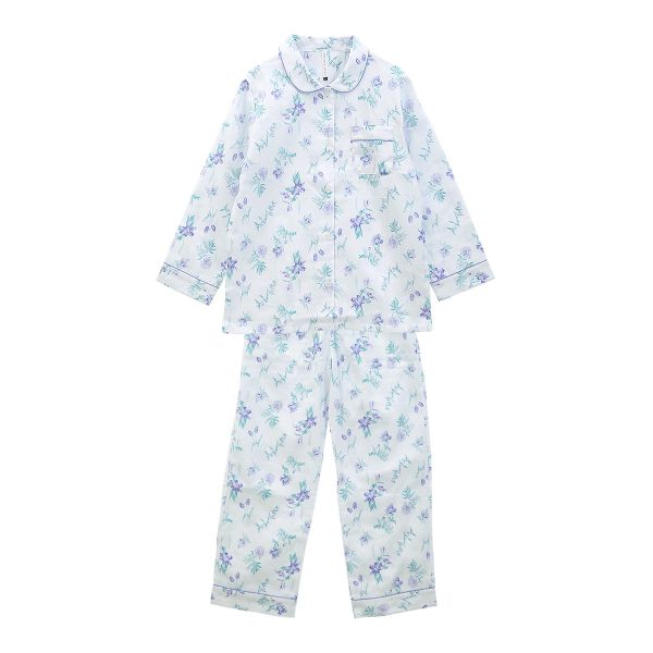 綿100％ 日本製 ダブルガーゼ 花柄 丸襟パジャマ 上下セット レディース ルームウェア 長袖 ブルーミングフローラ