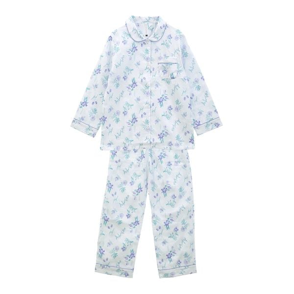 綿100％ 日本製 ダブルガーゼ 花柄 丸襟パジャマ 上下セット レディース ルームウェア 長袖 ブルーミングフローラ