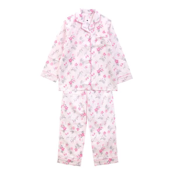 綿100％ 日本製 ダブルガーゼ 花柄 シャツ襟パジャマ 上下セット レディース ルームウェア 長袖 ブルーミングフローラ