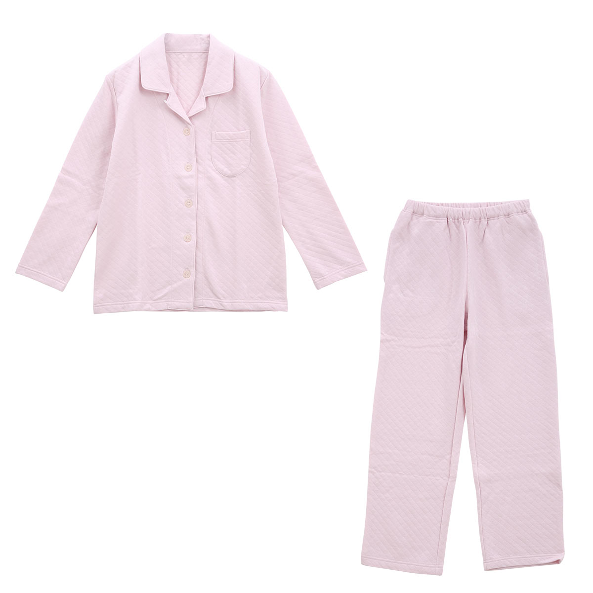 ブルーミングフローラ 綿100％ キルトニット パジャマ 上下セット 前開き 長袖 あったか シンプル おしゃれ ルームウェア 春秋冬(PI-ピンク-M)