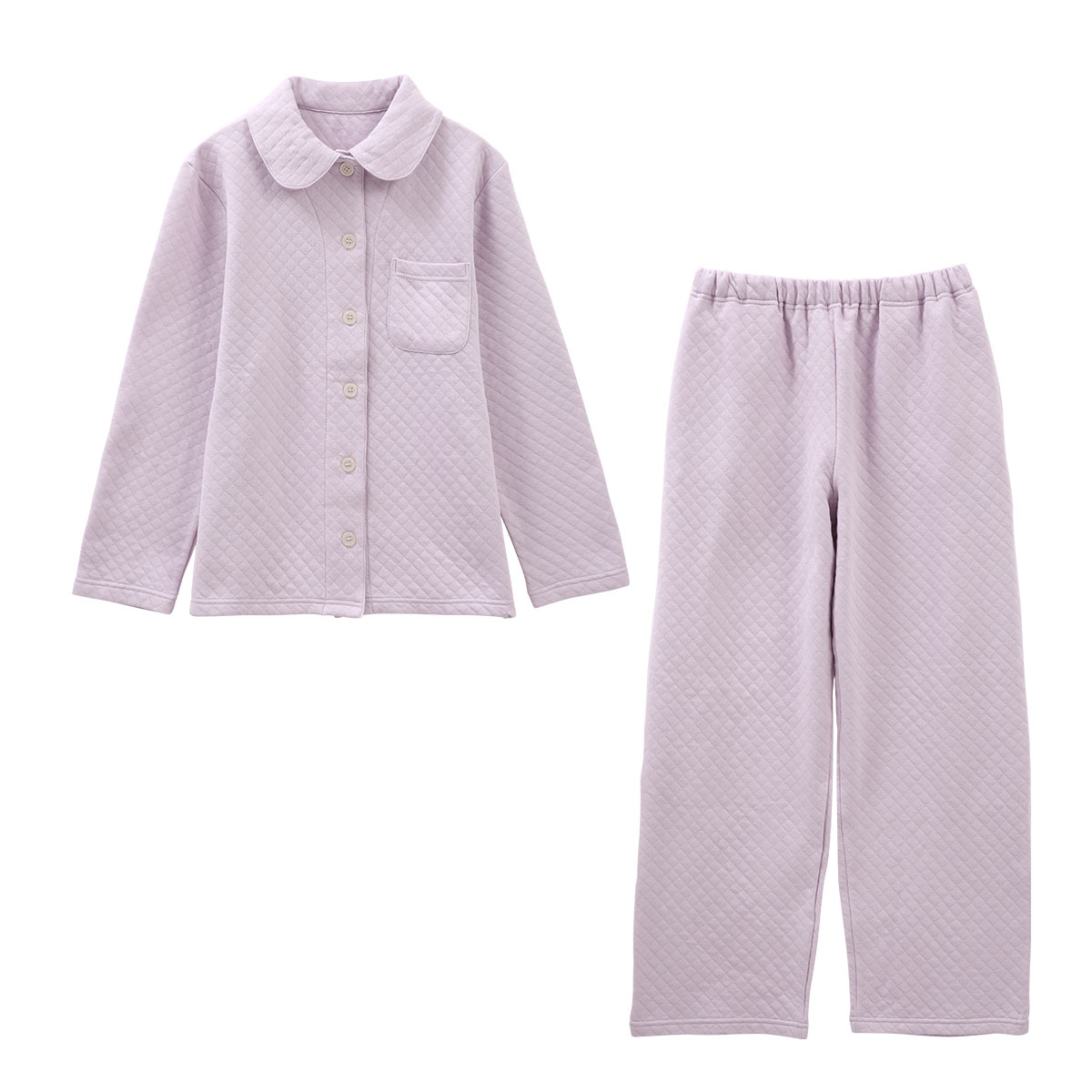 ブルーミングフローラ 綿100％ キルトニット パジャマ 上下セット 前開き 長袖 あったか シンプル おしゃれ ルームウェア 春秋冬(LV-ラベンダー-M)