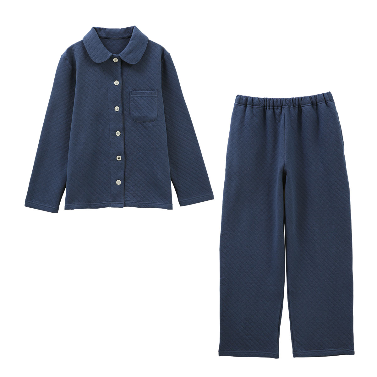 ブルーミングフローラ 綿100％ キルトニット パジャマ 上下セット 前開き 長袖 あったか シンプル おしゃれ ルームウェア 春秋冬(NV-ネイビー-M)