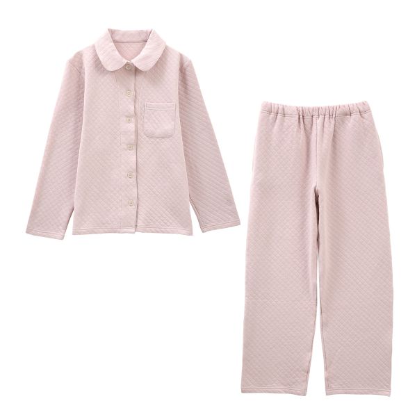 ブルーミングフローラ 綿100％ キルトニット パジャマ 上下セット 前開き 長袖 あったか シンプル おしゃれ ルームウェア 春秋冬