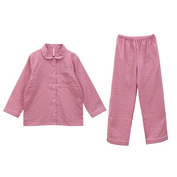 綿100％ 日本製 ダブルガーゼ 丸襟パジャマ 上下セット レディース ルームウェア 長袖 無地 パイピング ブルーミングフローラ